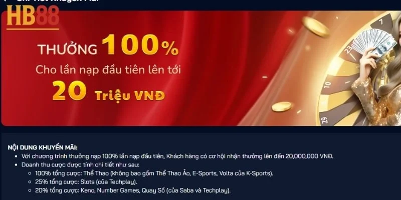 Thưởng 100% cho lần nạp đầu tiên lên tới 20tr: Ưu đãi khủng 3 Thưởng 100% cho lần nạp đầu tiên lên tới 20tr